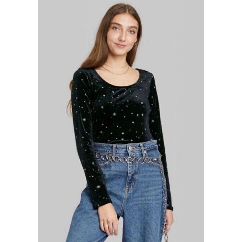 NWT Womens Wild Fable Metallic Moon & Stars Open Back Bodysuit - Sz S